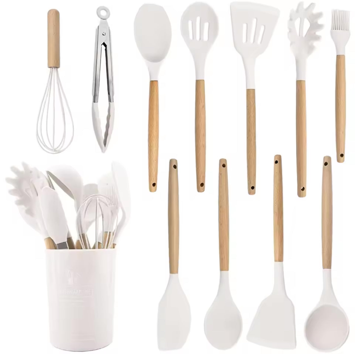 Set Cucina : 11 utensili in silicone con manico in legno e porta utensili incluso | Venimar