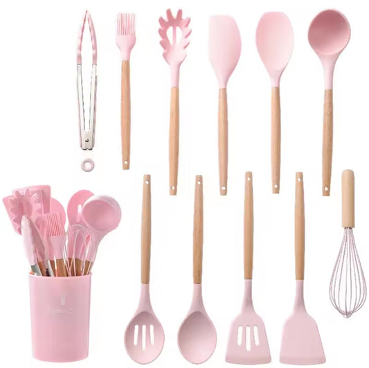 Set Cucina : 11 utensili in silicone con manico in legno e porta utensili incluso | Venimar